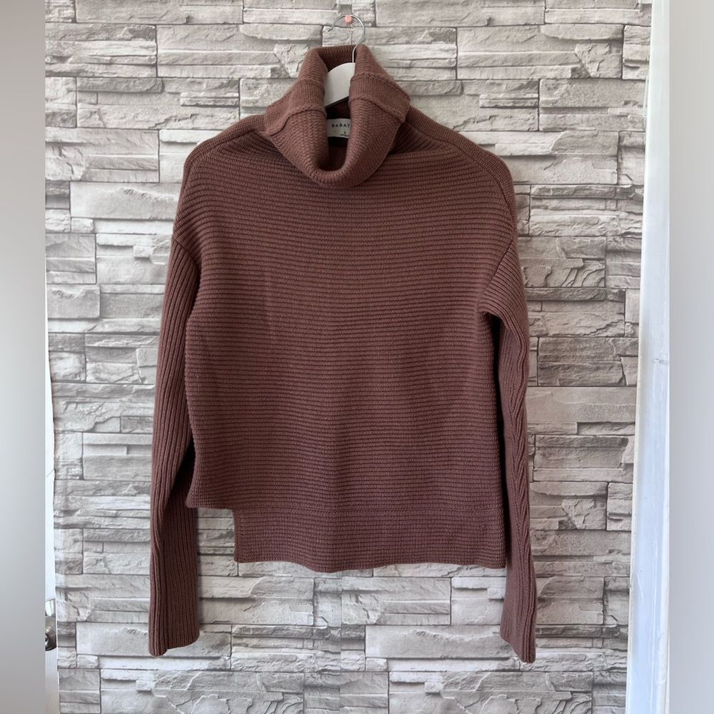 Babaton Sweater S Brown Ribbed Knit Turtleneck Cutout Hem Wool Cashmere Blend